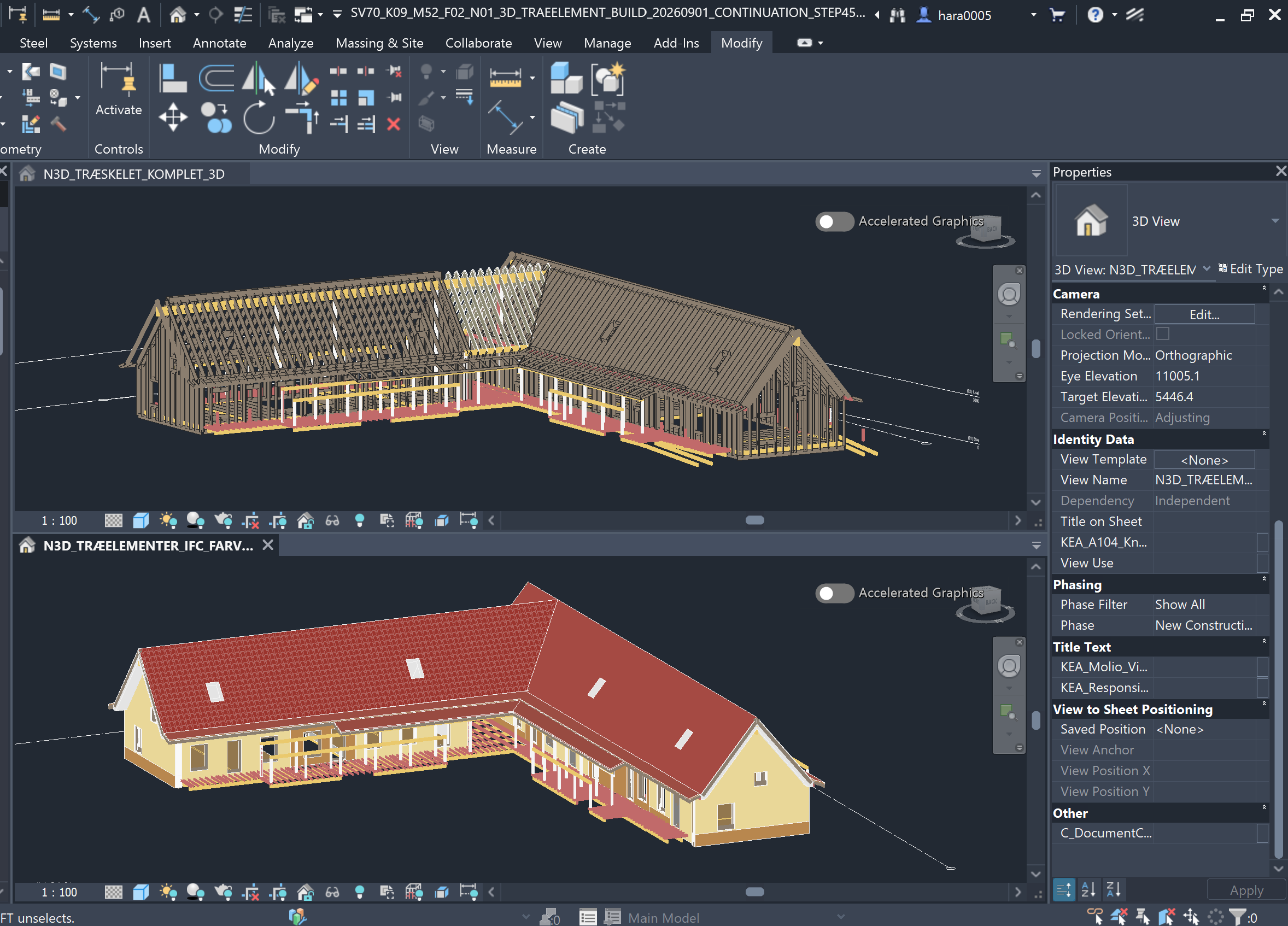 Revit-model med træelementer vist som træskelet og samlet bygning